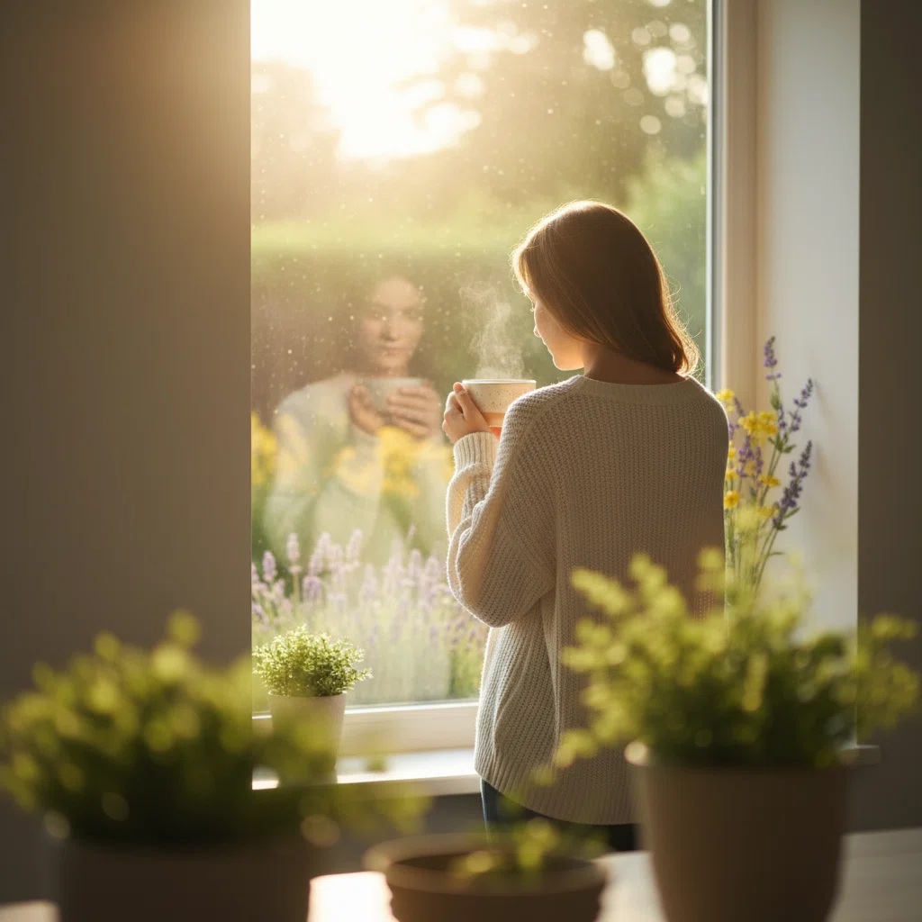 Person von hinten hält Kaffeetasse am Morgenfenster - aktiver Lebensstil Kaffee morgens