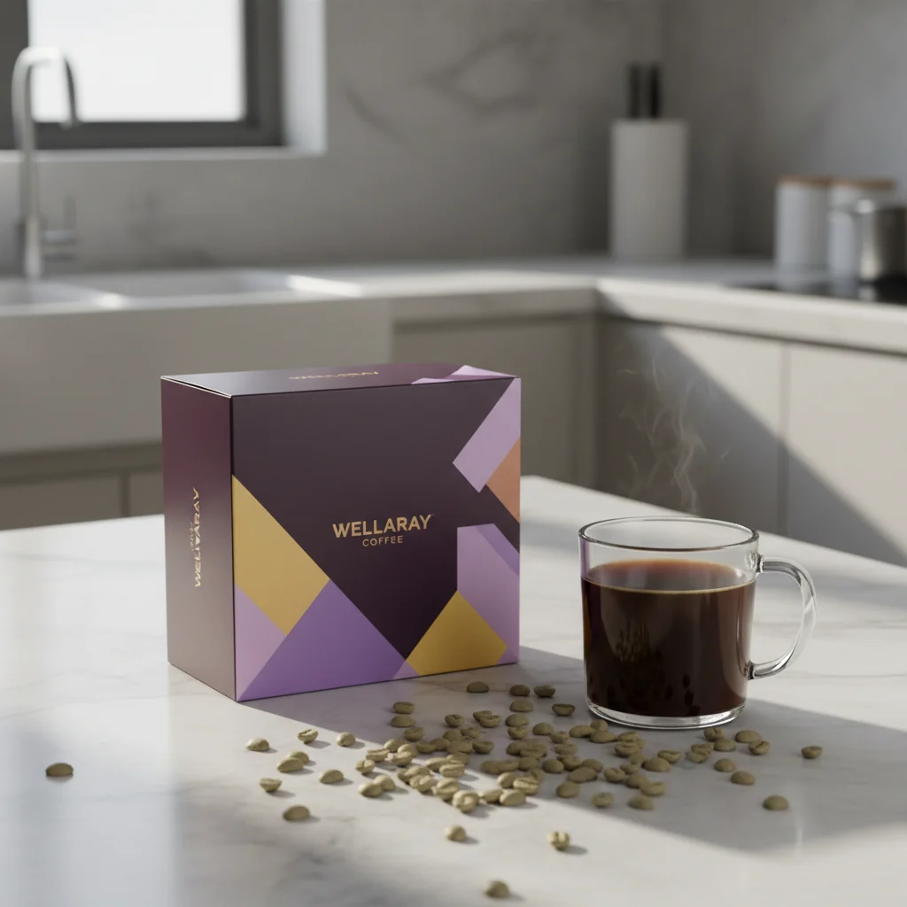 Wellaray Coffee Produktbox auf Küchentresen mit Kaffeeglas und grünen Kaffeebohnen - aktiver Lebensstil Kaffee morgens